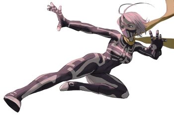 1girl 6maker absurdres antenna_hair arika blue_eyes bodysuit breasts covered_mouth fighting_ex_layer flying_kick genderswap highres kicking long_scarf scarf short_hair skeleton_costume skeleton_print skullomania solo street_fighter street_fighter_ex_(series) toned toned_female white_background white_hair yellow_scarf