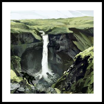 absurdres animal border clear_sky climbing commentary day highres mountainous_horizon nature no_humans original outdoors painterly scenery sea_spray sky twulfs valley water waterfall white_border