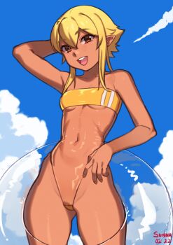 1girl :d absurdres arm_behind_head arm_up artist_name bare_arms bare_shoulders blonde_hair blue_sky breasts brown_eyes cloud collarbone commentary dark-skinned_female dark_skin dated elf gris_swimsuit hair_between_eyes hand_on_own_hip head_tilt highres innertube navel nil_sunna one-piece_swimsuit open_mouth original pointy_ears pussy see-through_clothes see-through_one-piece_swimsuit short_hair sky small_breasts smile strapless strapless_one-piece_swimsuit sunna_(nilsunna) swim_ring swimsuit teeth thighs underboob upper_teeth_only yellow_one-piece_swimsuit