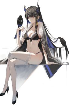 1girl absurdres aliez asymmetrical_horns bare_shoulders bikini black_bikini black_cape black_hair black_horns black_shoes blue_hair blush breasts cape cleavage closed_mouth collarbone colored_inner_hair crown demon_horns full_body fur-trimmed_cape fur_trim hair_ornament hashtag-only_commentary high_heels highleg highleg_bikini highres hololive hololive_english horns large_breasts long_hair looking_at_viewer mole mole_under_eye multicolored_hair navel nerissa_ravencroft red_eyes shadow_(nerissa_ravencroft) shoes simple_background solo stomach string_bikini swimsuit tassel tassel_hair_ornament thighhighs two-tone_hair uneven_horns very_long_hair virtual_youtuber white_background white_thighhighs