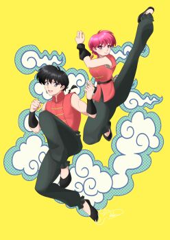 1boy 1girl absurdres arm_up artist_name black_bracer black_hair black_shoes blue_eyes bracer braid braided_ponytail breasts chinese_clothes clenched_hands closed_mouth commentary dual_persona english_commentary fighting_stance floating hand_up highres jacket kicking kung_fu large_breasts leg_up long_hair looking_at_viewer low_ponytail mandarin_collar martial_arts no_socks open_mouth pankou pants ponytail ranma-chan ranma_1/2 red_eyes red_hair red_jacket saotome_ranma shoes short_sleeves signature simple_background single_braid sleeveless smile tangzhuang the_dazu toggles xiangyun yellow_background