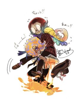 3girls alternate_form black_necktie black_pants brown_footwear dark-skinned_female dark_skin glasses hair_over_one_eye highres inkling_(swim_form) long_sleeves multiple_girls necktie nintendo open_mouth pants plaid_clothes plaid_shirt purple_eyes purple_socks red_shirt round_eyewear sharp_teeth shirt shirt_tucked_in signature simple_background smile socks splatoon_(series) splatoon_3 squid suspenders tao_blu teeth tosh_(splatoon) twitter_username white_background white_shirt wildcard1_4 yoko_(splatoon)