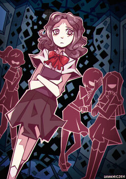 4girls absurdres artist_name black_skirt book bow brown_hair daknicjen faceless faceless_female hasegawa_saori highres holding holding_book light_frown medium_hair mole mole_under_eye multiple_girls persona persona_3 persona_3_portable purple_eyes red_bow school_uniform shirt short_sleeves skirt standing white_shirt