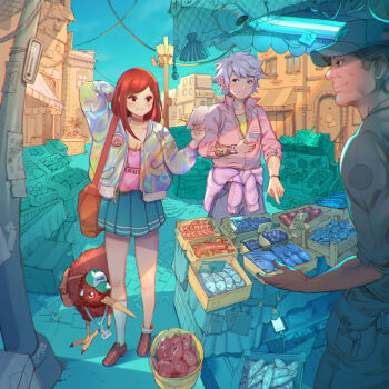 1girl 2boys aqua_eyes aqua_skirt arm_tattoo awning bag banana baseball_cap bird blue_sky blush box bracelet breasts brown_choker brown_shoes building cellphone choker cityscape cleavage closed_mouth clothes_around_waist commentary crab earrings english_commentary fish fish_market fishmonger food fruit grey_hair grey_hat grey_jumpsuit grey_pants hat highres holding holding_phone jacket jewelry jumpsuit kiwi_(bird) lamppost lanyard lobster long_hair looking_at_another looking_at_food market market_stall multicolored_jacket multiple_boys name_tag original outdoors pants phone pink_eyes pink_hair pink_shirt pink_sweater pleated_skirt pointing power_lines price_tag red_hair satchel shirt shoes short_hair shrimp simz skirt sky smartphone socks squid standing sweatdrop sweater sweater_around_waist tattoo thermometer town utility_pole watch white_socks wristwatch yellow_shirt
