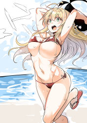 1girl ajishio antenna_hair ball beach beachball bikini blonde_hair breasts cleavage cloud cloudy_sky commentary_request day female_focus green_eyes hair_between_eyes holding holding_ball holding_beachball large_breasts long_hair navel ocean open_mouth outdoors red_bikini sandals sky solo swimsuit tsurumaki_maki voiceroid