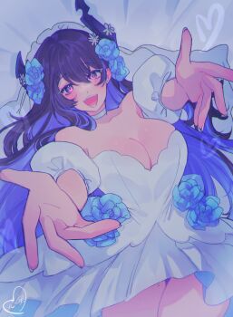 1girl absurdres asymmetrical_horns bare_shoulders black_hair black_horns blue_flower blue_hair blue_rose blush breasts cleavage cowboy_shot dress flower hair_flower hair_ornament heart highres hololive hololive_english horns kokomi_(aniesuakkaman) large_breasts long_hair looking_at_viewer mole mole_under_eye multicolored_hair nerissa_ravencroft open_mouth oyomeholic_(nerissa_ravencroft) purple_eyes reaching reaching_towards_viewer rose signature solo strapless strapless_dress two-tone_hair uneven_horns virtual_youtuber wedding_dress white_dress