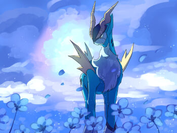 animal_focus blue_flower blue_sky closed_mouth cobalion commentary_request flower fusenryo gen_5_pokemon horns legendary_pokemon nintendo no_humans outdoors pokemon pokemon_(creature) sky yellow_eyes