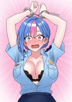 1girl arms_up artist_name bing_hayu black_bra blue_hair blue_shirt blush bound bound_wrists bra breasts commentary_request cuffs embarrassed emphasis_lines full-face_blush golbang handcuffs highres huge_breasts korean_commentary looking_at_viewer luvdia mole mole_on_breast multicolored_hair open_mouth parted_bangs partially_unbuttoned pink_background pink_eyes police police_uniform reinhard_van_astrea shirt shirt_tucked_in short_sleeves solo tearing_up two-tone_hair underwear wavy_mouth