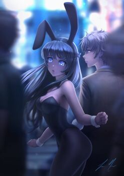 10s 1girl 2boys absurdres animal_ears azusagawa_sakuta bare_arms bare_shoulders black_hair black_leotard black_neckwear black_pantyhose blue_eyes blurry blurry_background blurry_foreground blush bow bowtie breasts brown_eyes brown_hair clenched_hands closed_mouth depth_of_field detached_collar fake_animal_ears floating_hair hair_ornament hairclip highres leotard long_hair looking_at_another looking_at_viewer looking_back manip medium_breasts multiple_boys neck outdoors pantyhose parted_lips playboy_bunny rabbit_ears rabbit_tail sakurajima_mai school_uniform seishun_buta_yarou serious short_hair signature standing strapless strapless_leotard tail wrist_cuffs