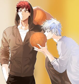 2boys arm_up aso_lago ball basketball_(object) black_hoodie black_pants blue_hair commentary_request hand_in_pocket height_difference holding holding_ball hood hood_up hoodie kagami_taiga kuroko_no_basuke kuroko_tetsuya long_sleeves male_focus multiple_boys pants red_hair shirt short_hair white_shirt