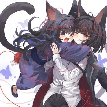 2girls absurdres animal_ears araya_(project_moon) black_hair black_jacket black_pants black_shoes blue_eyes blue_hair blue_kimono blush bug butterfly cat_ears cat_girl cat_tail colored_inner_hair commentary floral_print floral_print_kimono grin heart highres holding_yarn insect jacket jacket_on_shoulders japanese_clothes kemonomimi_mode kimono limbus_company long_hair looking_at_another mother_and_child mother_and_daughter multicolored_hair multiple_girls one_eye_closed open_mouth pants parent_and_child print_kimono project_moon red_eyes red_jacket ryoshu_(project_moon) saeda8e shirt shoes short_hair simple_background smile tail white_background white_shirt yarn yarn_ball