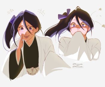 2girls artist_name asymmetrical_hair black_hair black_kimono bleach bleach:_epilogue clone facing_viewer grey_background hair_between_eyes hair_ribbon hand_on_own_face hand_up high_ponytail highres japanese_clothes kimono kuchiki_rukia long_hair looking_at_viewer m1rimorinku multiple_expressions multiple_girls obi open_clothes open_mouth open_robe ponytail purple_eyes purple_ribbon red_lips ribbon robe sash shihakusho side_ponytail sidelocks signature simple_background single_sidelock smile star_(symbol) striped_clothes striped_kimono surprised twitter_username vertical-striped_clothes vertical-striped_kimono white_robe wide_sleeves