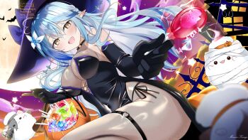 1girl ahoge bare_shoulders black_gloves black_hat black_panties blue_hair blush bodystocking breasts candy cleavage commentary_request cowboy_shot elbow_gloves elf food full_moon gloves halloween hat heart heart_ahoge highres holding holding_candy holding_food holding_lollipop hololive large_breasts lollipop mizuno_kurage moon open_mouth panties pointy_ears see-through_clothes side-tie_panties smile sunset underwear virtual_youtuber witch witch_hat yellow_eyes yukihana_lamy yukimin_(yukihana_lamy)