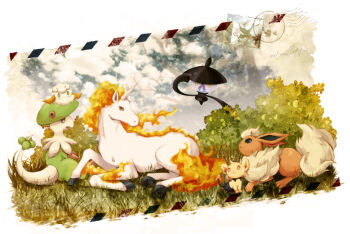 00s 10s 1990s_(style) alternate_color breloom bush cottonee eevee fiery_hair fiery_tail fire flareon gen_1_pokemon gen_3_pokemon gen_4_pokemon gen_5_pokemon kotori_(lycka) lampent nintendo no_humans pokemon pokemon_(creature) pokemon_bw pokemon_dppt pokemon_rgby pokemon_rse postage_stamp rapidash retro_artstyle shinx shiny_pokemon stamp tail