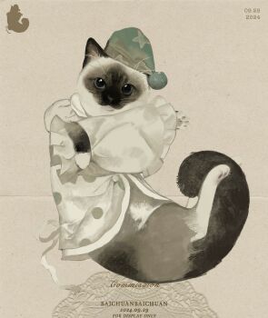 absurdres animal animal_focus baichuan_baichuan blue_eyes blue_hat cat colorpoint_(pattern) commission hat highres looking_at_viewer mihuashi_commission nightcap original pillow ribbon siamese_cat watermark whiskers white_ribbon