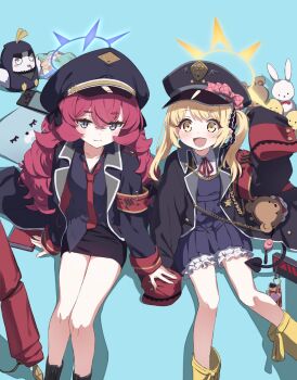 2girls animal_bag aqua_background armband bear_bag black_hat black_ribbon black_shirt black_tail blonde_hair blue_archive blush boots bow commentary_request demon_tail dress fluffy_hair gehenna_academy_logo grey_eyes hair_between_eyes hair_ribbon halo hand_up hat hat_bow highres ibuki_(blue_archive) iroha_(blue_archive) jacket long_hair long_sleeves looking_at_viewer loose_necktie military_hat military_jacket multiple_girls natsuki_(gedo) necktie open_mouth peaked_cap pinafore_dress pink_bow pointy_ears purple_halo red_armband red_hair red_necktie red_ribbon ribbon safety_pin shirt side_ponytail sitting sleeveless sleeveless_dress sleeves_past_fingers sleeves_past_wrists smile tail yellow_boots yellow_eyes yellow_halo