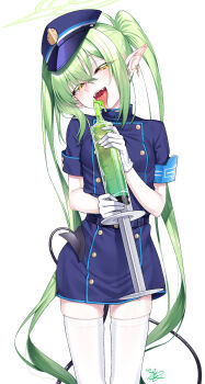 1girl absurdres blue_archive blue_dress blue_hat blush breasts buttons demon_tail double-breasted dress gloves green_hair hat highres large_syringe long_hair looking_at_viewer nozomi_(blue_archive) open_mouth oversized_object short_sleeves sidelocks slime_(substance) small_breasts solo syringe tail thighhighs twintails very_long_hair watosu white_gloves white_thighhighs yellow_eyes