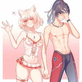 1boy 1girl animal_ears aqing_1229 bikini bikini_skirt black_hair blush bulge cat_ears chest_jewel commentary couple cum cum_in_mouth english_commentary grey_hair heart heavy_breathing highres holding_hands implied_after_sex licking_lips male_swimwear microskirt mio_(xenoblade) noah_(xenoblade) official_alternate_costume one_eye_closed ponytail pussy_juice pussy_juice_trail skirt spoken_heart sweat swimsuit thighs tongue tongue_out topless_male waving xenoblade_chronicles_(series) xenoblade_chronicles_3