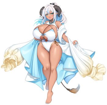 1girl absurdres barefoot black_horns blue_hair blue_nails breasts colored_inner_hair dark-skinned_female dark_skin highres horns huge_breasts indie_virtual_youtuber miino_tallows mole mole_on_thigh multicolored_hair nail_polish navel one-piece_swimsuit open_mouth pointy_ears solo streaked_hair suruga_(xsurugax) swimsuit tail toenail_polish toenails virtual_youtuber white_hair white_one-piece_swimsuit