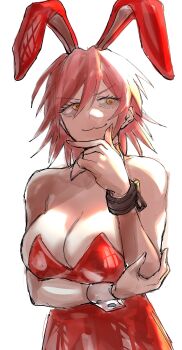 1girl absurdres animal_ears breasts fake_animal_ears flcl fukamichi_ran&#039;ou hand_on_own_chin haruhara_haruko highres large_breasts leotard orange_eyes purple_hair red_leotard short_hair simple_background solo upper_body white_background wrist_cuffs