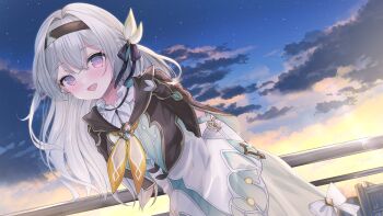 1girl arms_behind_back black_hairband brown_jacket cloud commission cropped_jacket dawn detached_sleeves dutch_angle firefly_(honkai:_star_rail) green_skirt grey_hair hair_between_eyes hair_intakes hairband honkai:_star_rail honkai_(series) jacket kurage_cc leaning_forward long_hair looking_at_viewer neckerchief night night_sky open_mouth outdoors purple_eyes shirt skeb_commission skirt sky solo white_shirt yellow_neckerchief