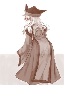 Rule 34 | 1girl, blush, closed mouth, commentary request, detached sleeves, facing away, from behind, hat, highres, long hair, matara okina, mochigumo, monochrome, skirt, smile, solo, tabard, touhou, wide sleeves