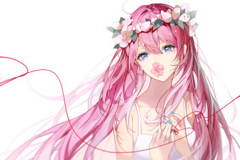 bare_shoulders blue_eyes blue_nails breasts closed_mouth collarbone commentary crying crying_with_eyes_open dress flower flower_in_mouth flower_wreath hair_between_eyes hands_on_own_chest hands_up indai_(3330425) jewelry just_be_friends_(vocaloid) long_hair looking_at_viewer megurine_luka megurine_luka_(chiffon_dress) pink_flower pink_hair ring sidelocks sleeveless sleeveless_dress small_breasts spaghetti_strap string string_of_fate sundress tears upper_body vocaloid white_background white_dress