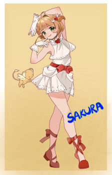 1girl absurdres ahoge arm_over_head bare_shoulders border bow bow_legwear brooch brown_hair cardcaptor_sakura character_name chinese_commentary closed_mouth clothes_grab commentary_request crop_top crossed_legs dress dress_under_shirt eyelashes ferret finger_to_mouth full_body gloves gradient_border green_eyes hair_intakes hair_ornament happy heart heart_brooch heart_hair_ornament helmet high_heels highres jewelry kero_(cardcaptor_sakura) kinomoto_sakura knees leg_ribbon light_blush looking_at_viewer pleated_dress pumps red_bow red_ribbon red_shoes ribbon shirt shoes short_dress short_hair_with_long_locks sidelocks simple_background skirt_grab sleeveless sleeveless_dress sleeveless_shirt smile standing tareme two-tone_border two_side_up waist_bow white_border white_dress white_gloves white_shirt winged_animal winged_helmet yellow_background yellow_border yonghu230350137