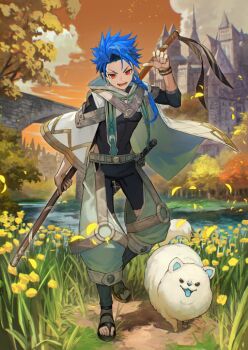 1boy :d animal arm_at_side black_bodysuit blue_hair bodysuit bracelet braid cape castle chaps clothing_cutout cloud covered_navel covered_pectorals crotchless crotchless_pants cu_chulainn_(fate) dog dog_request earrings fate/grand_order fate_(series) full_body game_cg green_pants hand_up holding holding_behind_back holding_sheath holding_sword holding_weapon holding_weapon_behind_back hood hood_down hooded_cape jewelry lack long_hair looking_at_viewer male_focus official_art open_mouth orange_sky pants pectorals pointing pointing_at_self pointing_with_thumb red_eyes sandals setanta_(fate) sheath sheathed side_cutout single_braid sky smile solo sword teeth third-party_source three-quarter_sleeves toes tree v-shaped_eyebrows weapon white_cape white_dog