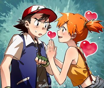 1boy 1girl :d aihara-rina ash_ketchum baseball_cap black_eyes black_hair blue_jacket blush child clenched_hand denim eye_contact eyelashes fingerless_gloves gloves green_eyes green_gloves hair_tie hands_up hat highres jacket looking_at_another md5_mismatch misty_(pokemon) nintendo open_clothes open_jacket open_mouth orange_hair pokemon pokemon_(anime) pokemon_(classic_anime) ponytail resolution_mismatch shirt short_hair short_sleeves shorts side_ponytail sleeveless smile source_smaller suspenders sweatdrop teeth tongue upper_teeth_only yellow_shirt