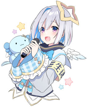 1girl :d aiguillette amane_kanata amane_kanata_(1st_costume) angel_wings blue_bow blue_bowtie blue_hair bob_cut bow bowtie colored_inner_hair commentary_request cropped_torso feathered_wings grey_hair grey_jacket halo highres holding holding_microphone hololive jacket long_sleeves looking_at_viewer microphone mini_wings multicolored_hair open_mouth pink_streaks purple_eyes sailor_collar short_hair simple_background single_hair_intake sleeve_cuffs smile solo star_halo tilted_halo turtleneck upao_(amane_kanata) virtual_graduation_commemoration virtual_youtuber white_background white_sailor_collar white_wings wide_sleeves wings yatomi