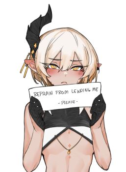 1girl absurdres bare_shoulders blush breasts closed_mouth commentary covered_collarbone crop_top earrings english_text hair_between_eyes hair_ornament highres holding holding_sign horns jewelry less looking_at_viewer original short_hair sign simple_background single_horn small_breasts solo white_background