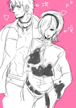 Rule 34 | 2boys, abs, androgynous, arrow (symbol), ash crimson, belt, black hairband, black nails, blush, choker, collar, collared shirt, cowboy shot, cropped jacket, cropped legs, embarrassed, facing viewer, finger to mouth, fingerless gloves, fingernails, freckles, full body, gloves, greyscale, grin, hair bun, hair ornament, hair over one eye, hairband, half-closed eyes, hand on own hip, hand up, headband, heart, height difference, highres, index finger raised, jacket, jewelry, komatsuna (artist), light blush, limited palette, lineart, lips, long sleeves, looking at another, looking at viewer, male focus, monochrome, multicolored jacket, multiple boys, muscular, muscular male, nail polish, navel, necklace, nervous, one eye covered, open clothes, open shirt, pants, parted lips, partially colored, pectorals, photoshop (medium), pink background, shen woo, shirt, short hair, sideways glance, simple background, sketch, smile, smirk, snk, spot color, standing, sweat, sweatdrop, teeth, the king of fighters, toned, toned male, traditional media, translation request, trap, turtleneck, turtleneck jacket, two-tone jacket, unfinished, v