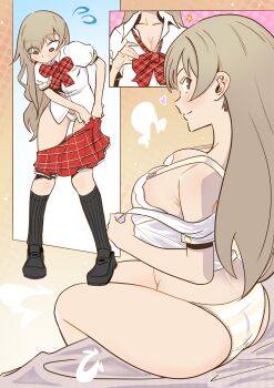 1girl ass blush bow bra breasts brown_eyes cleavage eyebrows_hidden_by_hair female_focus grey_hair heart large_breasts long_hair looking_at_viewer looking_back matsunae_tsugumi panties plaid_bow school_uniform shin_subarashiki_kono_sekai short-sleeved_shirt smile spaghetto087 subarashiki_kono_sekai underwear undressing white_bra