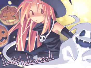 Rule 34 | 1girl, :o, archived source, asami natsuhito, bare shoulders, black dress, black gloves, black hat, collared dress, dress, elbow gloves, english text, ghost, gloves, half-closed eyes, halloween, happy halloween, hat, high collar, jack-o'-lantern, jaggy lines, jewelry, long hair, looking at another, lowres, necklace, no sclera, open mouth, orange eyes, orange hair, original, pumpkin, simple background, skull necklace, sleeveless, sleeveless dress, straight hair, two-tone background, very long hair, witch, witch hat