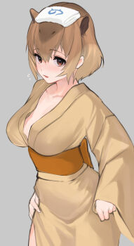 1girl a888_n22 alternate_costume animal_ears arm_at_side black_hair blush breasts brown_eyes brown_hair brown_kimono capybara_(kemono_friends) capybara_ears covered_erect_nipples cowboy_shot extra_ears flustered grey_background hair_between_eyes hand_on_own_hip highres japanese_clothes kemono_friends kimono large_breasts long_sleeves looking_at_viewer multicolored_hair parted_lips sash simple_background sleeves_past_wrists solo towel towel_on_head underbust wide_sleeves