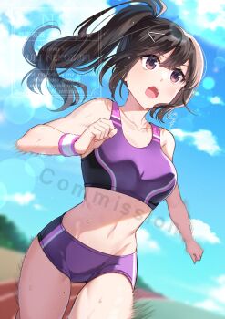 1girl bare_arms bare_shoulders black_hair blue_sky breasts brown_eyes cloud commentary_request commission day groin hair_between_eyes hair_ornament hairclip highres lipstick makeup medium_breasts navel nekozuki_yuki open_mouth original outdoors ponytail purple_shorts running shorts skeb_commission sky smeared_lipstick solo sweat watermark