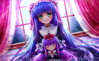 Rule 34 | 1girl, black choker, black dress, blue hair, blunt bangs, blush, choker, closed mouth, commentary request, curtains, doll, dress, dutch angle, frilled dress, frills, full body, full moon, green eyes, hair spread out, indoors, juliet sleeves, lolita fashion, long hair, long sleeves, looking at viewer, misaki (kyal 001), moon, night, original, puffy sleeves, sitting, smile, solo, very long hair, window