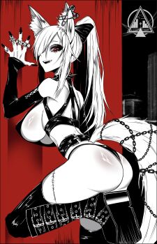 1girl absurdres animal_ear_fluff animal_ears ass ass_focus back backboob bare_shoulders black_bow black_lips black_nails black_panties black_sleeves black_thighhighs boots bow breasts chain collar detached_sleeves discordia_(vtuber) dizzle emo_fashion fox_ears fox_girl fox_tail from_behind g-string goth_fashion gothic_punk hair_over_one_eye highleg highleg_panties highres huge_ass indie_virtual_youtuber jewelry large_breasts long_hair looking_at_viewer looking_back multiple_rings nail_polish open_mouth panties ponytail red_eyes ring scar scar_on_thigh shoulder_blades sideboob sidelocks spiked_collar spikes tail thick_thighs thighhighs thighhighs_under_boots thighs thong thong_panties underwear virtual_youtuber white_hair