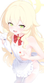1girl absurdres apron blonde_hair blue_archive breasts food green_eyes halo highres jiuchong_ying_fengxue loli long_hair looking_at_viewer naked_apron open_mouth professor_niyaniya_(blue_archive) simple_background small_breasts solo white_apron white_background