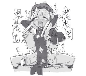 1girl armpits arms_behind_head arms_up bdsm blunt_bangs blush bondage bound bound_legs breasts breath china_dress chinese_clothes cleavage cleavage_cutout clothing_cutout constricted_pupils controller crotch_cutout detached_sleeves double_bun dress drooling echieshi-chan female_focus greyscale hair_bun hat heart highres japanese_text long_hair long_sleeves looking_down miniskirt moaning monochrome navel_cutout nose_blush open_mouth panties pelvic_curtain pleated_skirt qingdai_guanmao remote_control remote_control_vibrator rope sakifox saliva sex_toy sharp_teeth sidelocks simple_background sitting skirt skirt_under_dress sleeveless sleeveless_dress small_breasts solo speech_bubble spoken_heart spread_legs sweat teeth thighhighs thighs tongue tongue_out translation_request trembling underwear vibrator vibrator_cord vibrator_under_clothes vibrator_under_panties white_background zakoeshi-chan_nikki