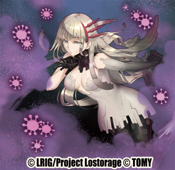 1girl black_gloves black_pantyhose breasts cleavage copyright_notice dress elbow_gloves gloves grey_hair ishibashi_yosuke long_hair looking_at_viewer medium_breasts nanashi_(wixoss) official_art open_mouth pantyhose sidelocks solo virus white_dress wixoss yellow_eyes