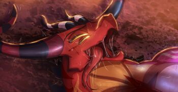 1boy absurdres blood colored_skin dragon_boy dragon_horns furry furry_male glowing glowing_eyes grimmie02 hellaverse helluva_boss highres horns injury lying male_focus muscular muscular_male on_back open_mouth red_skin saliva satan_(helluva_boss) sweat tongue tongue_out trembling yellow_eyes