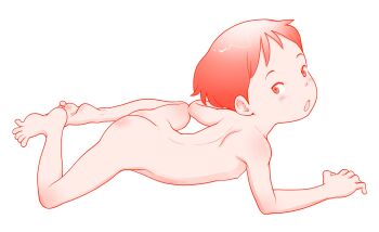 1girl :o ass barefoot blush completely_nude female_focus flat_chest from_side full_body highres loli lying meiken_lassie nude on_stomach red_theme riarutoruchokku sandy_(meiken_lassie) short_hair simple_background solo webp-to-png_conversion white_background world_masterpiece_theater