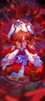 1girl animal_ears aura blurry blurry_foreground breasts brown_hair collarbone commentary_request covering_own_face dark_aura detached_sleeves dual_persona hair_between_eyes hair_ornament highres horse_ears kafuki_fuka petals ribbon solo still_in_love_(scarlet_vow_raiment)_(umamusume) still_in_love_(umamusume) thighhighs umamusume veil