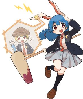 2girls alternate_costume animal_ears black_socks blazer blonde_hair blue_hair blush brown_hat brown_shoes collared_shirt crescent crescent_pin earclip flat_cap floppy_ears game_cg grey_skirt hakurei_frontier_spell_strive hat highres holding holding_mallet holding_phone jacket kine kneehighs kyuukei_usagi loafers long_hair long_sleeves looking_at_viewer mallet multiple_girls necktie official_art open_clothes open_jacket open_mouth phone pleated_skirt rabbit_ears red_eyes red_necktie ringo_(touhou) school_uniform seiran_(touhou) shirt shoes short_hair skirt smile socks third-party_source touhou transparent_background white_shirt