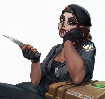 1girl artist_name box braid breasts brown_hair caveira_(rainbow_six_siege) cleavage combat_knife commentary crossed_legs dog_tags english_commentary english_text facepaint hand_on_own_face highres holding holding_knife holding_weapon instagram_logo knife load_bearing_vest looking_at_viewer military_operator parted_lips rainbow_six_siege signature single_braid sitting sleeves_rolled_up solo solo_focus suisui_again twitter_logo twitter_username upper_body weapon white_background