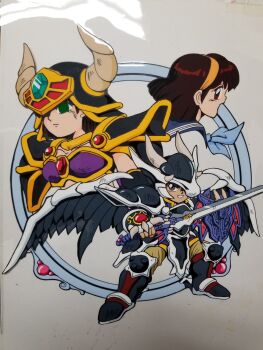 Rule 34 | 1boy, 2girls, armor, armored boots, bikini armor, black armor, black hair, black shirt, black shorts, black wings, blue neckerchief, blue sailor collar, boots, brown eyes, brown hair, brown pants, cel, closed mouth, commentary request, corruption, dark persona, dual persona, expressionless, fake horns, faulds, feathered wings, gauntlets, green eyes, hairband, helmet, highres, holding, holding shield, holding sword, holding weapon, horned helmet, horns, kokomahi, kouryuu densetsu villgust, looking at viewer, looking back, medium hair, miike shun, multiple girls, nakajima michiko, neckerchief, official art, open mouth, pants, ruciese (villgust), sailor collar, school uniform, serafuku, shield, shirt, short hair, shorts, shoulder armor, smile, standing, sword, weapon, white shirt, wings, yellow hairband