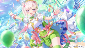 1girl :d absurdres airani_iofifteen arm_up balloon blue_corset blue_hair blue_sky bow bowtie breasts collared_shirt commentary_request concert confetti corset day dutch_angle garter_straps gold_tiara gradient_hair green_bow green_bowtie green_shorts green_thighhighs hair_bun highres hololive hololive_dreams hololive_indonesia long_hair long_sidelocks looking_at_viewer medium_breasts multicolored_hair official_alternate_costume official_art open_mouth outdoors pink_hair puffy_short_sleeves puffy_sleeves purple_eyes shirt shirt_tucked_in shoes short_sleeves shorts side_ponytail side_up_bun sidelocks single_garter_strap sky smile solo strappy_heels swept_bangs thighhighs virtual_youtuber white_shirt white_shoes wrist_cuffs