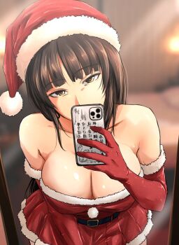1girl alternate_costume belt black_belt blurry blurry_background breasts brown_eyes brown_hair cellphone dress elbow_gloves girls_und_panzer gloves hat holding holding_phone kabutowari large_breasts long_hair looking_at_viewer mature_female mirror mirror_selfie nishizumi_shiho phone red_eyes santa_costume santa_dress santa_hat selfie sleeveless solo standing upper_body